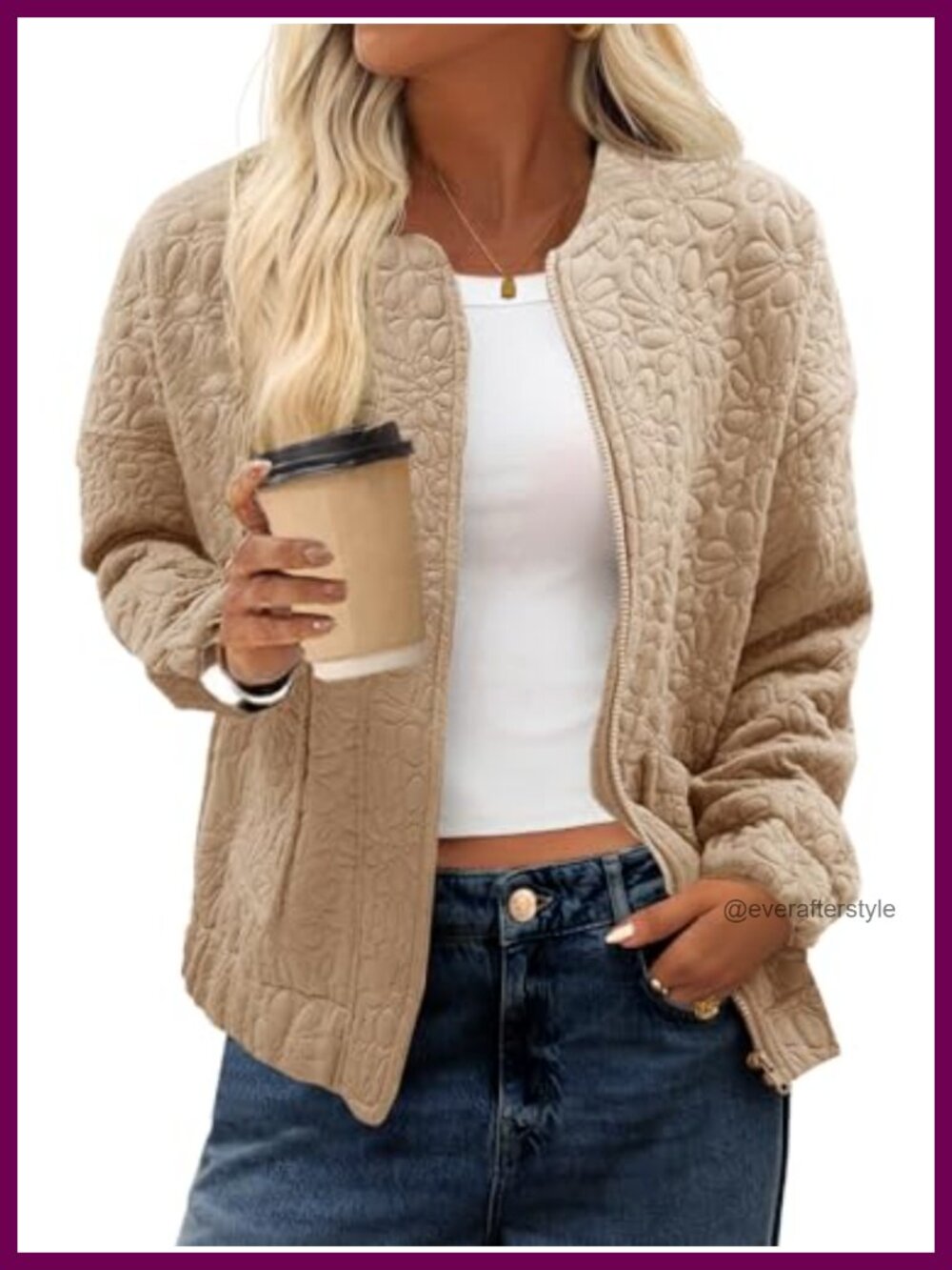 Womens Bomber Jacket Zip Up Jacquard Lightweight Casual Coat